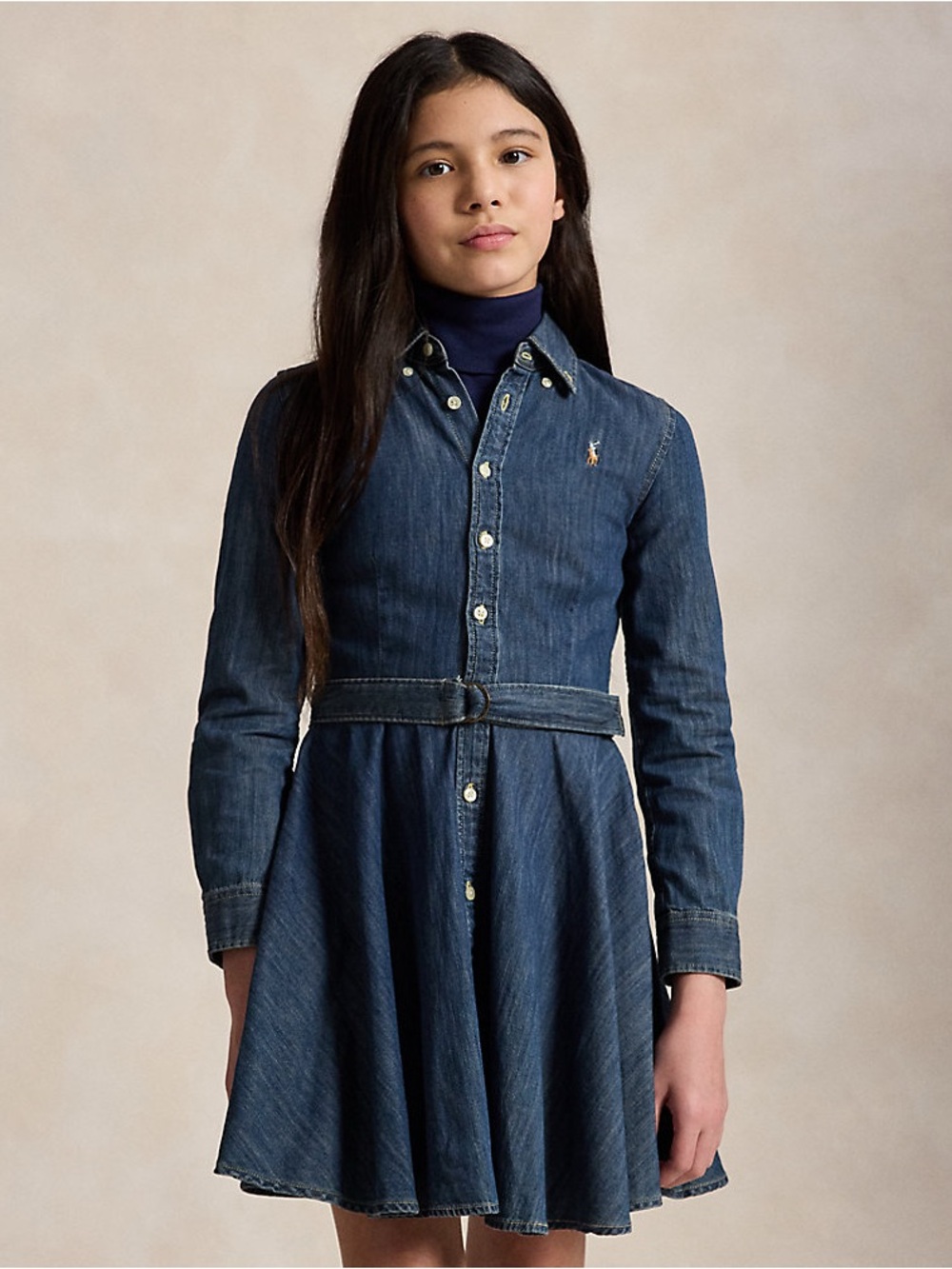 Ralph Lauren Girls Belted Denim Shirt Dress Indigo Fit and Flare Collared Logo